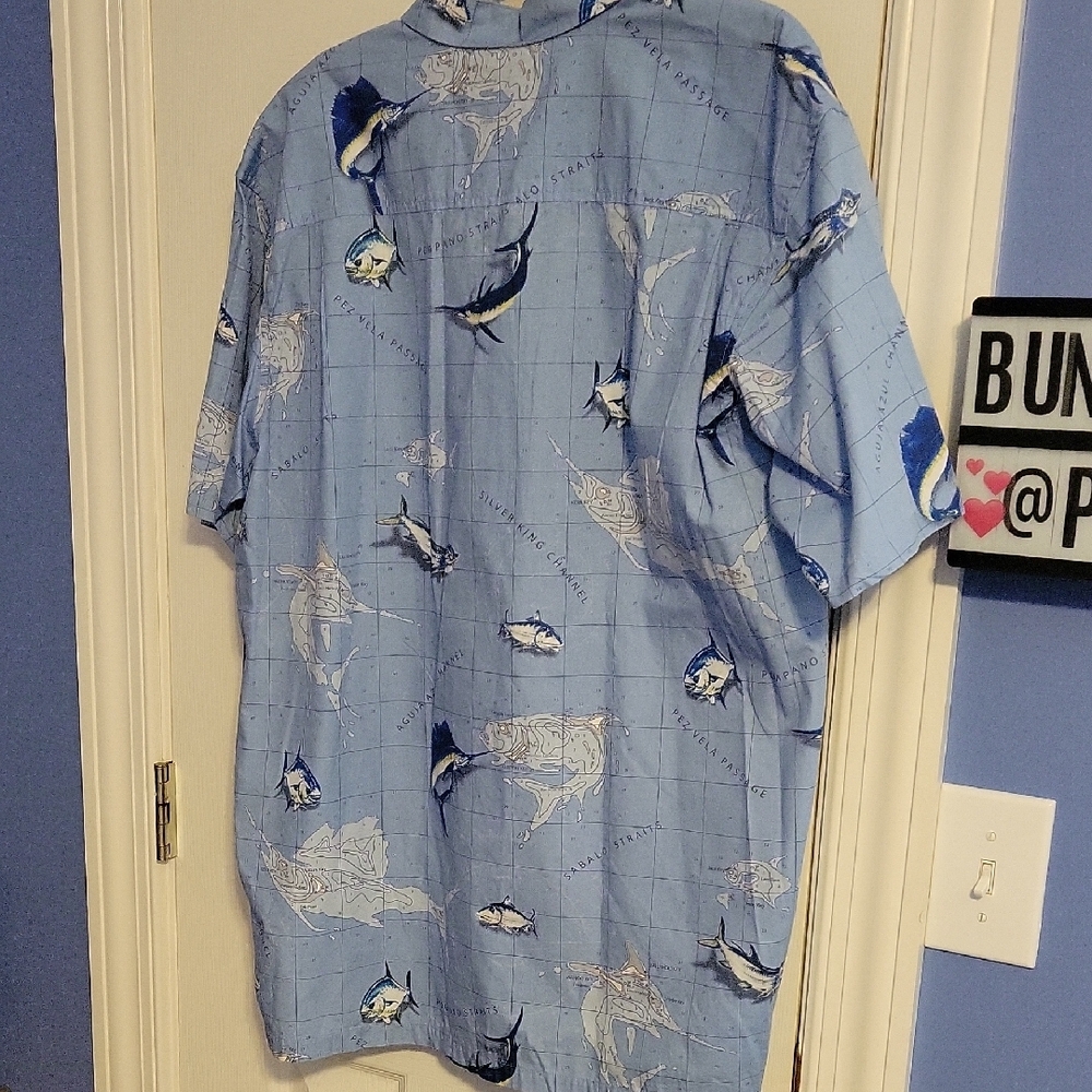Columbia Large Button Up Shirt Short Sleeve Blue Saltwater Map Fish Print New - Picture 5 of 5